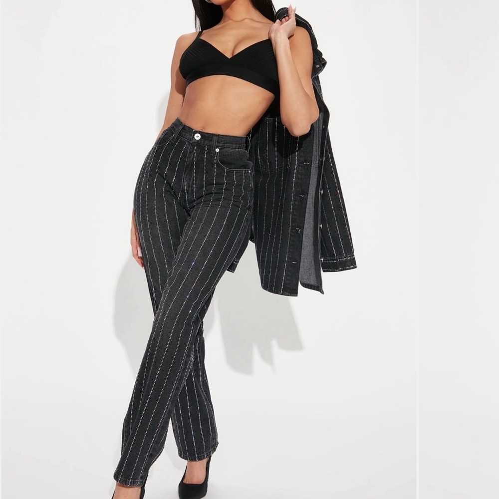 Black Pinstripe Pants with rhinestone embellishments.